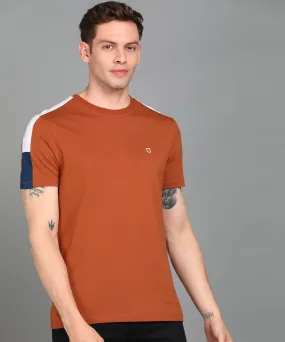 Men's Cotton Brown Colour-Block Slim Fit Half Sleeve T-Shirt