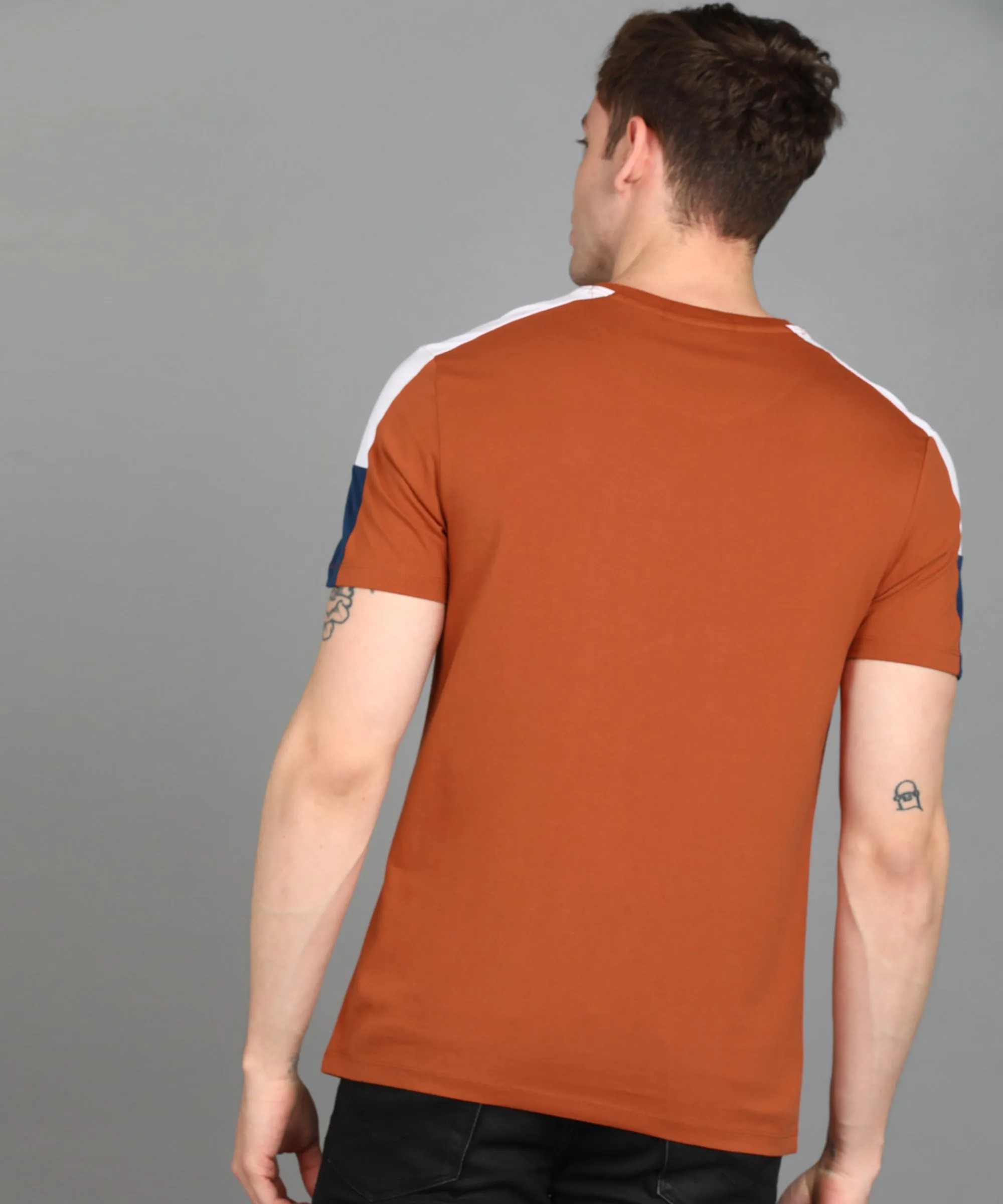 Men's Cotton Brown Colour-Block Slim Fit Half Sleeve T-Shirt