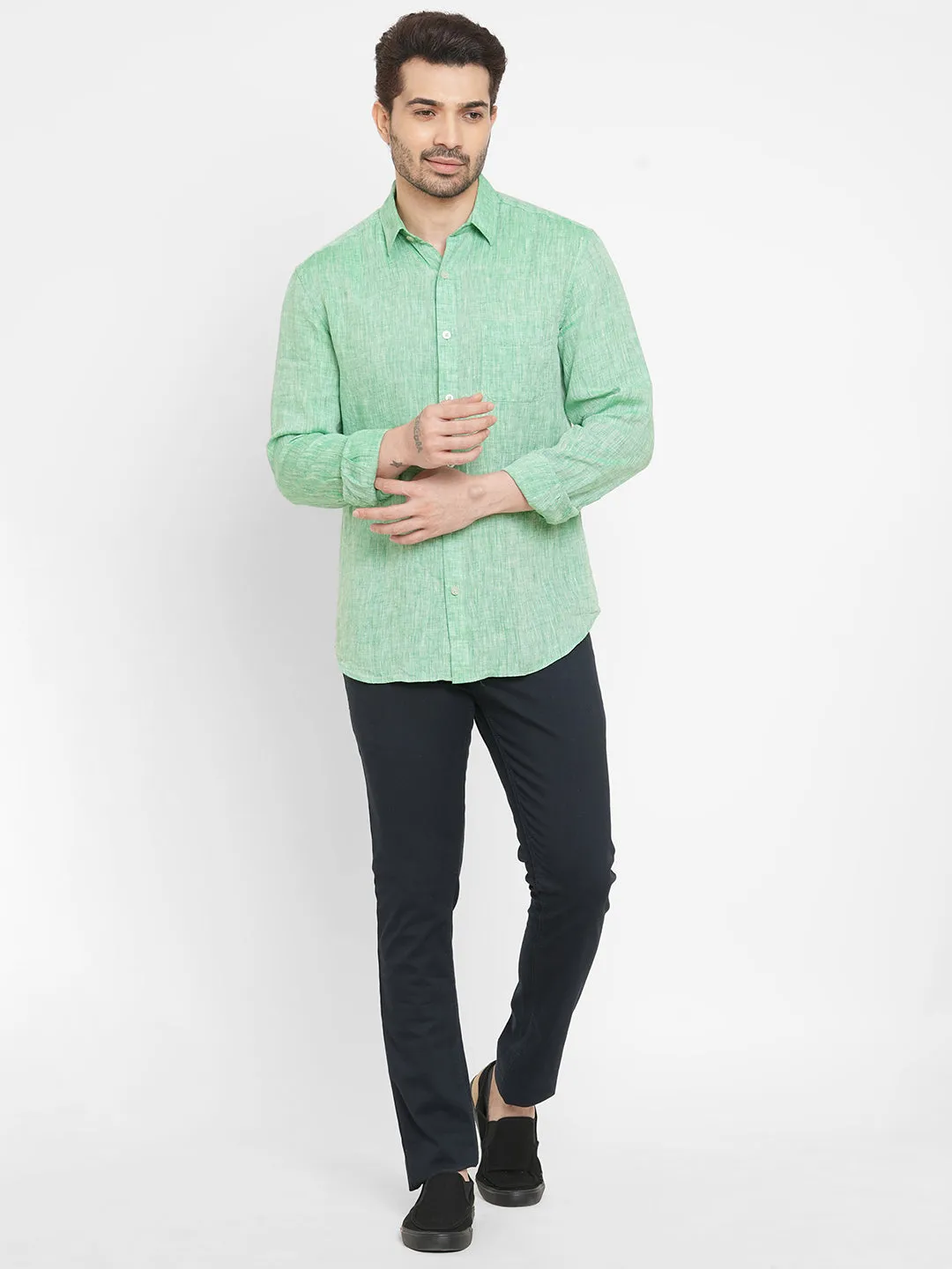 Men's Green 100% Linen Long Sleeve Regular Fit Shirt