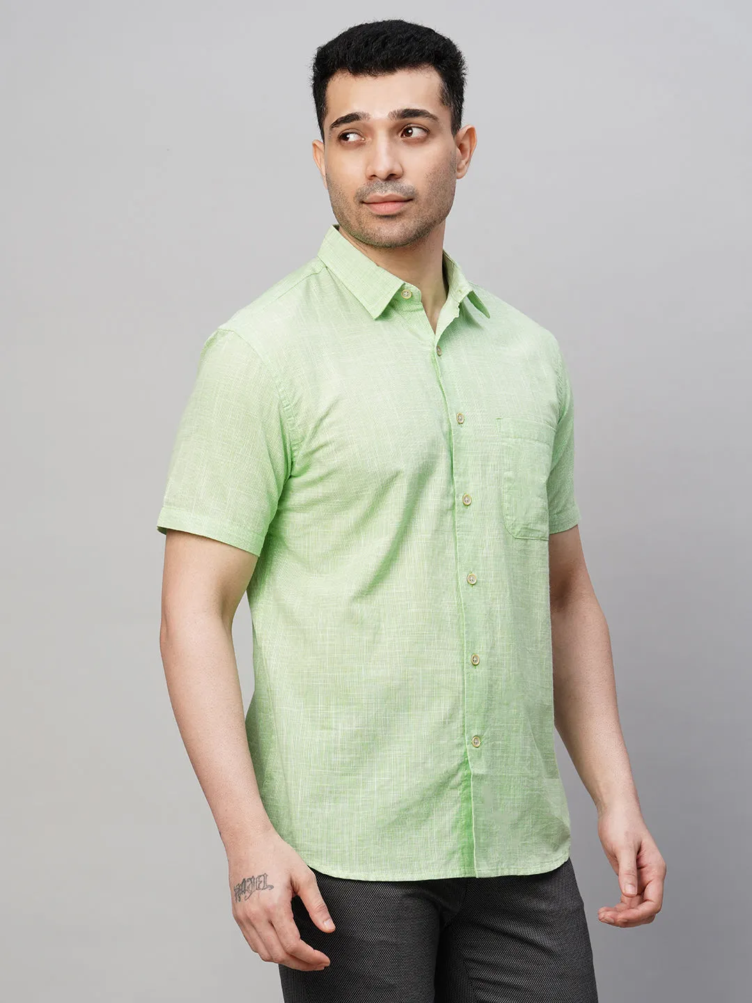 Men's Green Cotton Regular Fit Checked Shirt