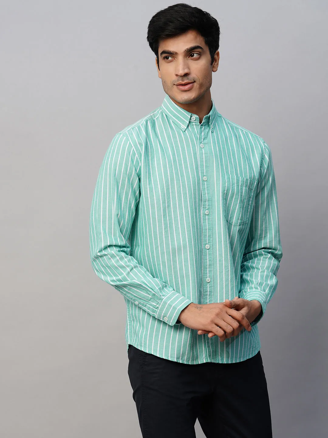 Men's Green Oxford Cotton Striped Regular Fit Long Sleeved Button Down Collar Shirt