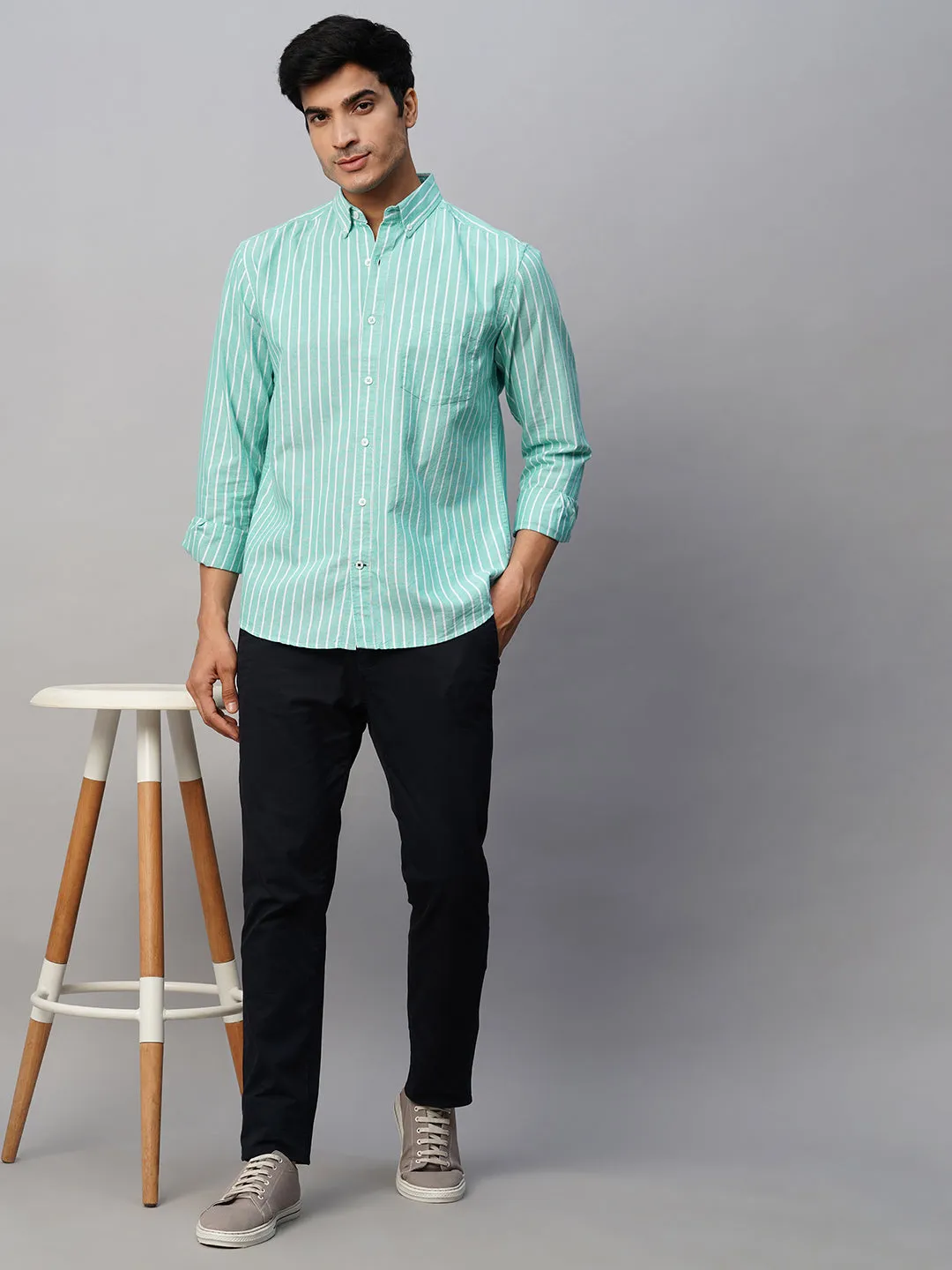 Men's Green Oxford Cotton Striped Regular Fit Long Sleeved Button Down Collar Shirt