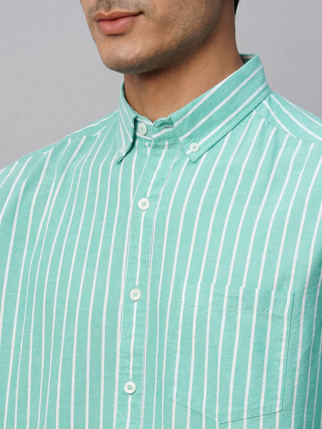 Men's Green Oxford Cotton Striped Regular Fit Long Sleeved Button Down Collar Shirt