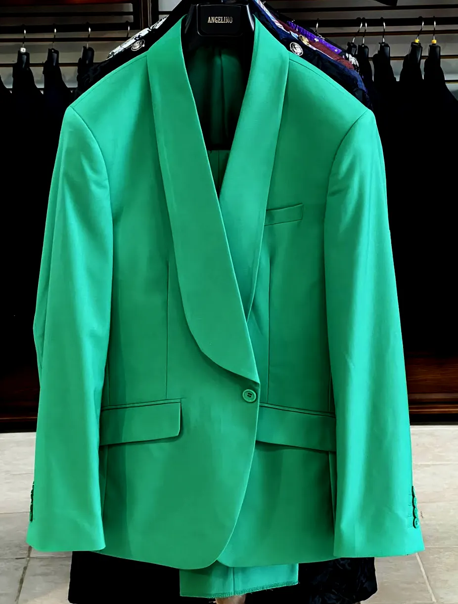 men's green suit, shawl lapel