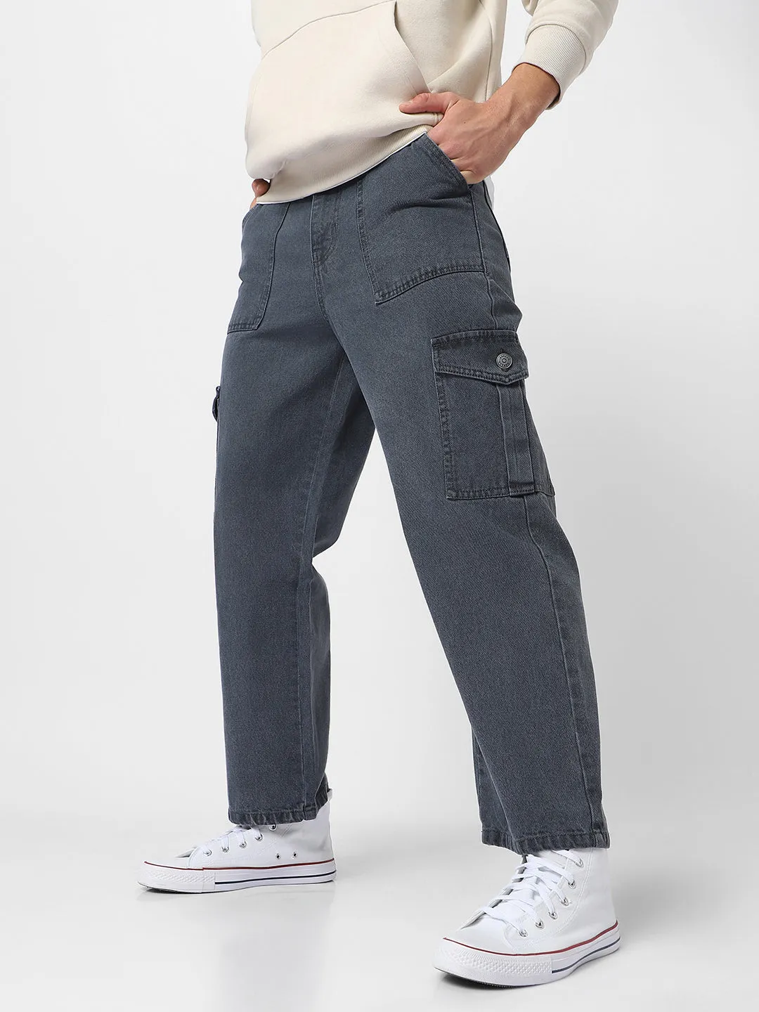 Men's Grey Loose Baggy Fit Cargo Jeans with 6 Pockets Non-Stretchable