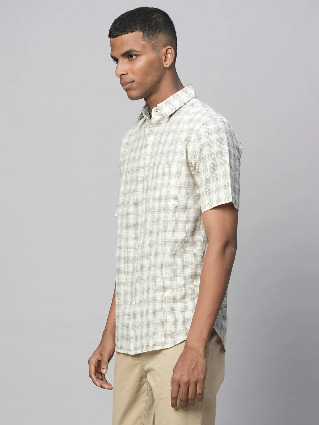 Men's Khaki Linen Cotton Regular Fit Checked Shirt