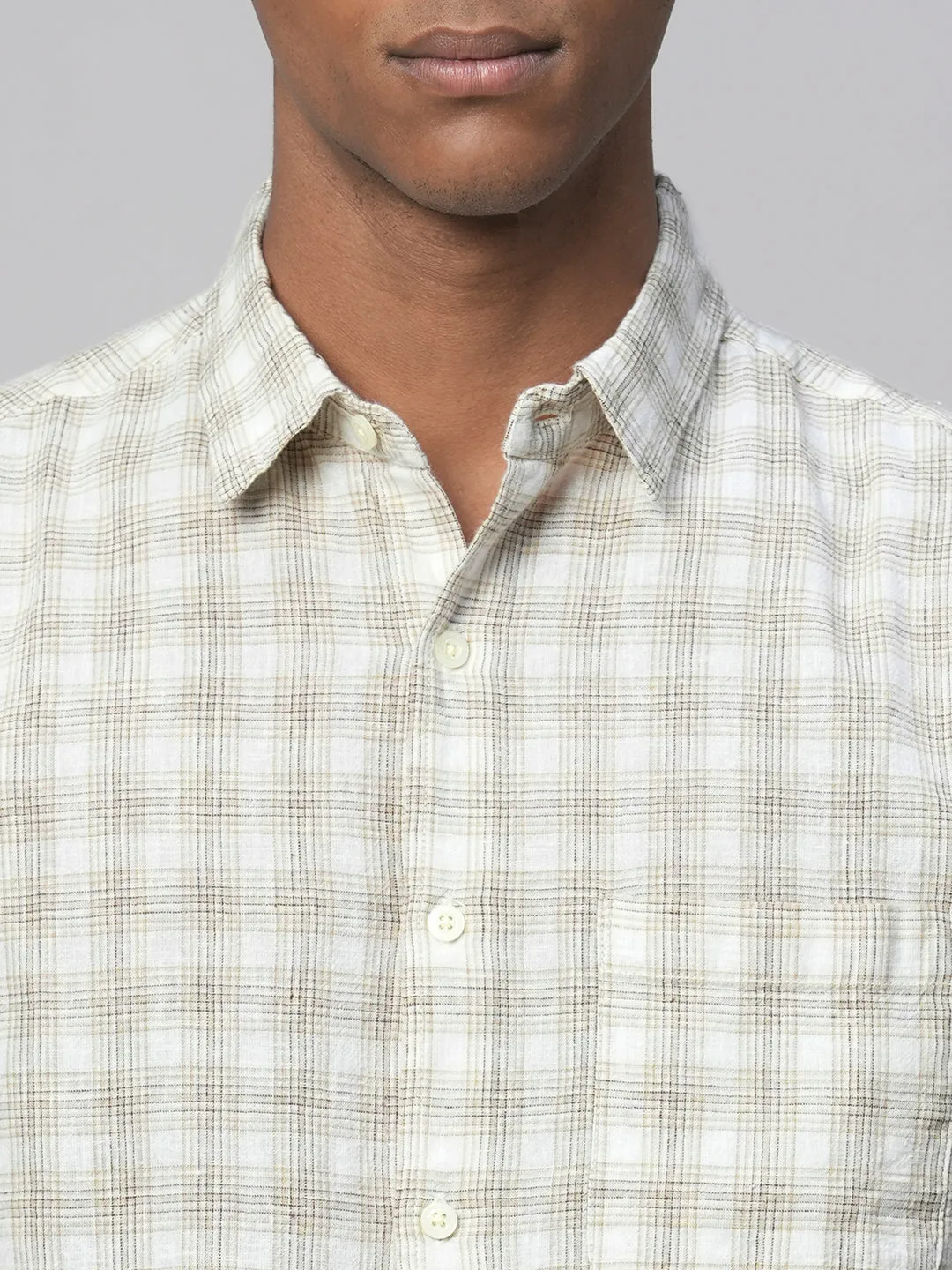 Men's Khaki Linen Cotton Regular Fit Checked Shirt