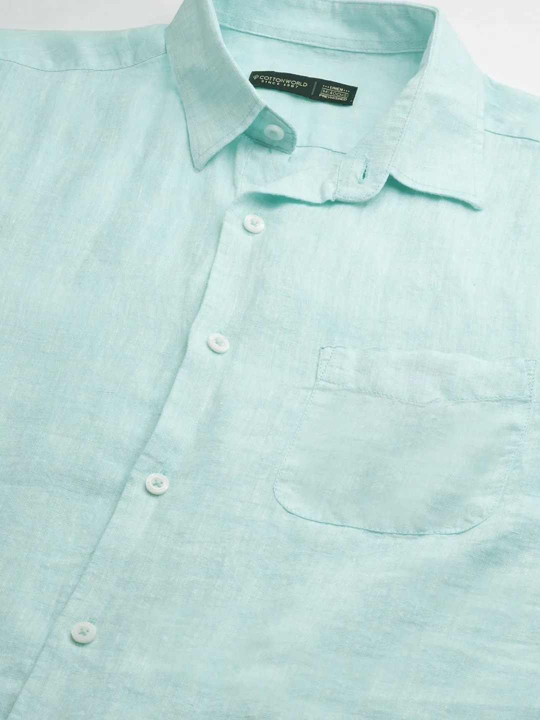 Men's Mint Green 100% Linen Regular Fit Long Sleeved Shirt