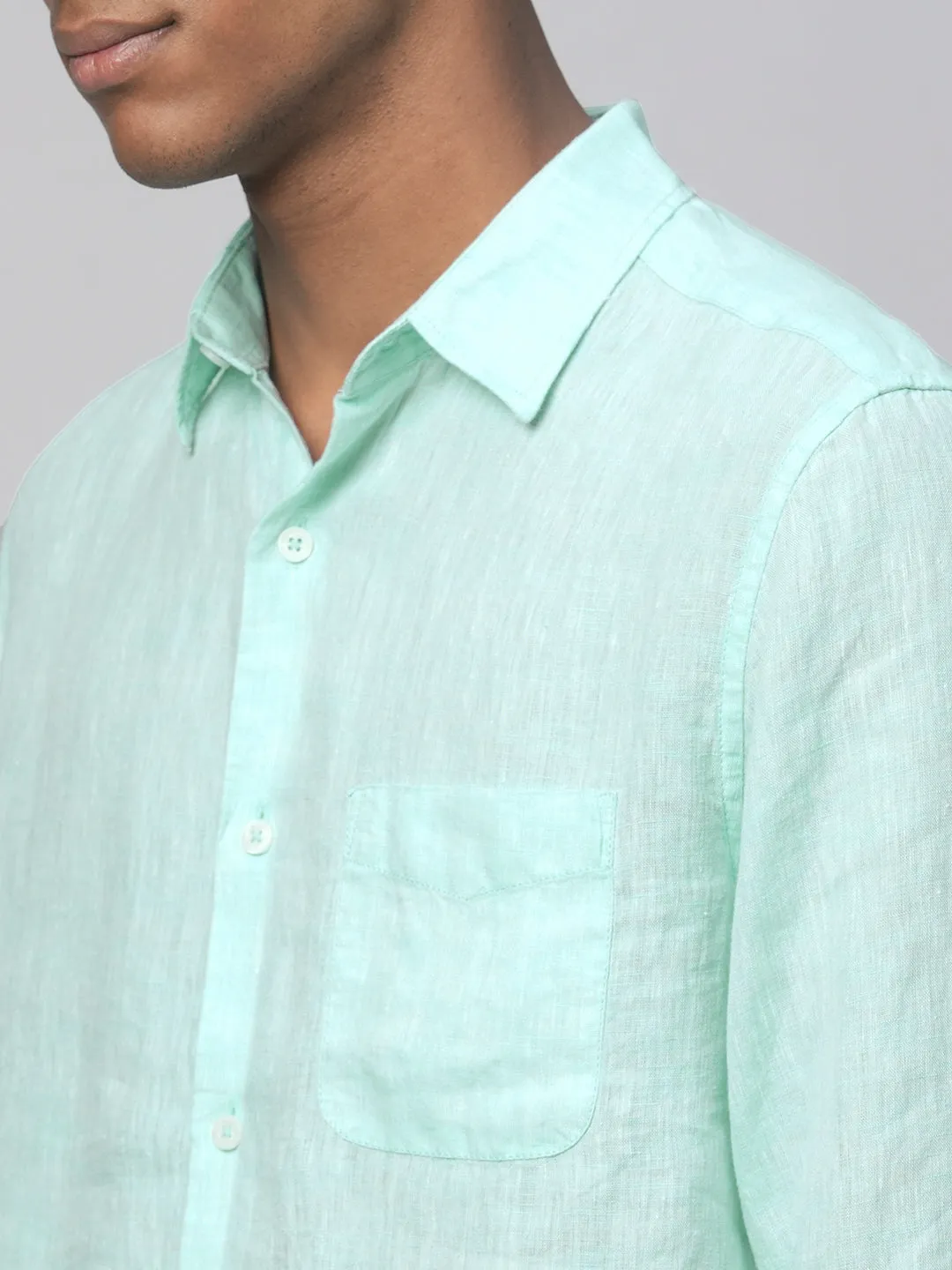 Men's Mint Green 100% Linen Regular Fit Long Sleeved Shirt