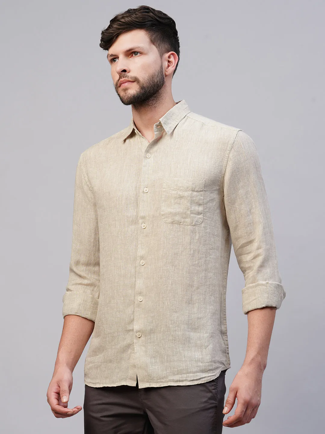 Men's Natural 100% Linen Regular Fit Long Sleeved Shirt