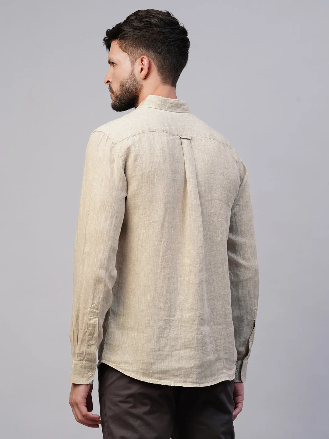 Men's Natural 100% Linen Regular Fit Long Sleeved Shirt