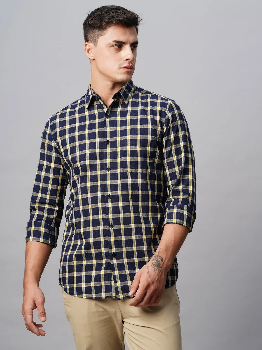 Men's Navy Cotton Regular Fit Checked Shirt