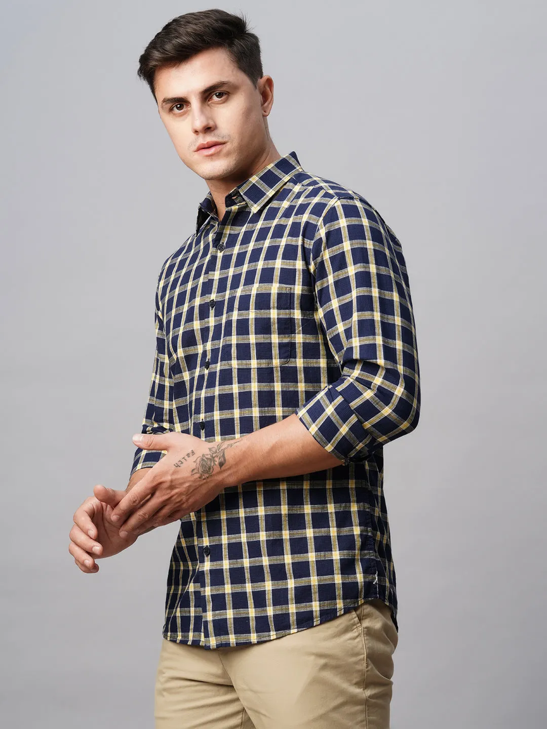 Men's Navy Cotton Regular Fit Checked Shirt