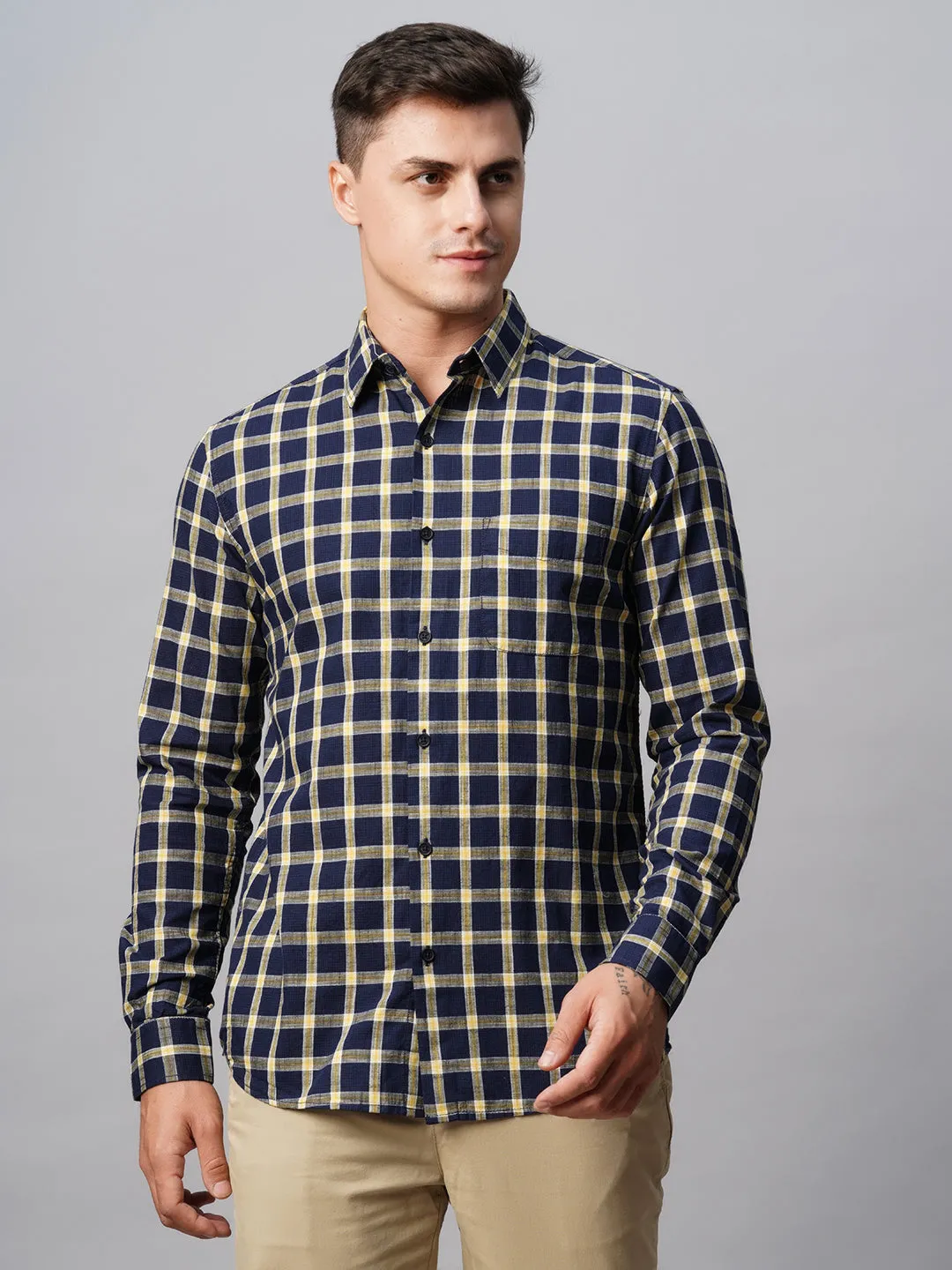 Men's Navy Cotton Regular Fit Checked Shirt