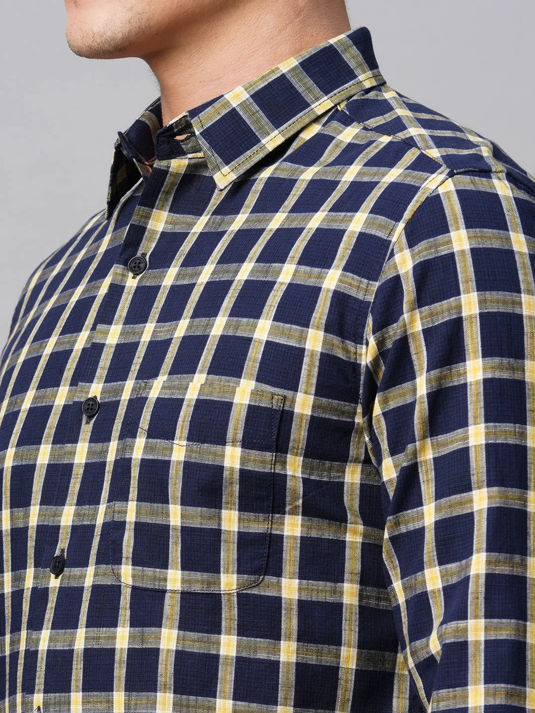 Men's Navy Cotton Regular Fit Checked Shirt