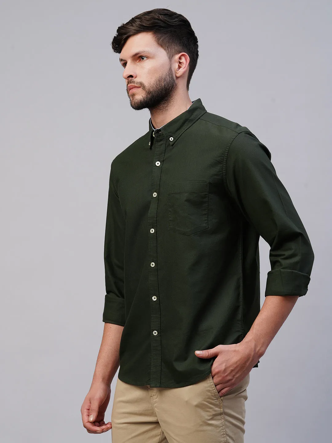 Men's Olive Cotton Regular Fit Shirt