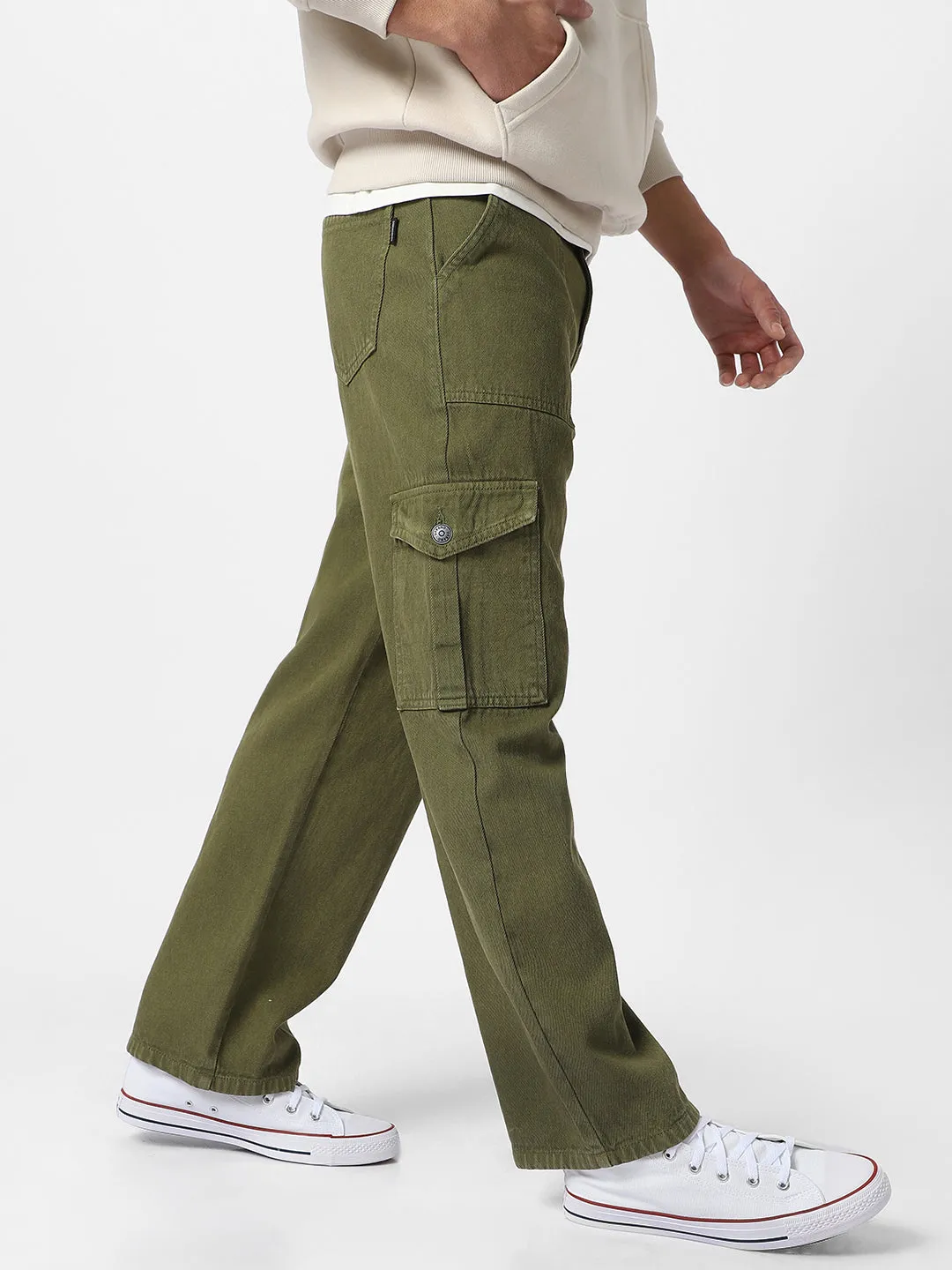 Men's Olive Green Loose Baggy Fit Cargo Jeans with 6 Pockets Non-Stretchable