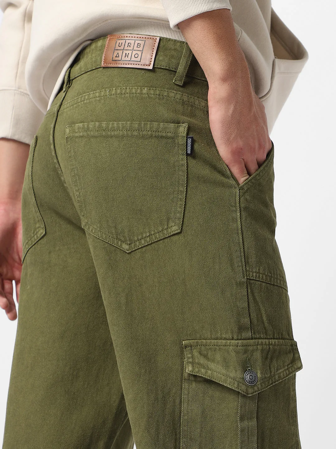 Men's Olive Green Loose Baggy Fit Cargo Jeans with 6 Pockets Non-Stretchable