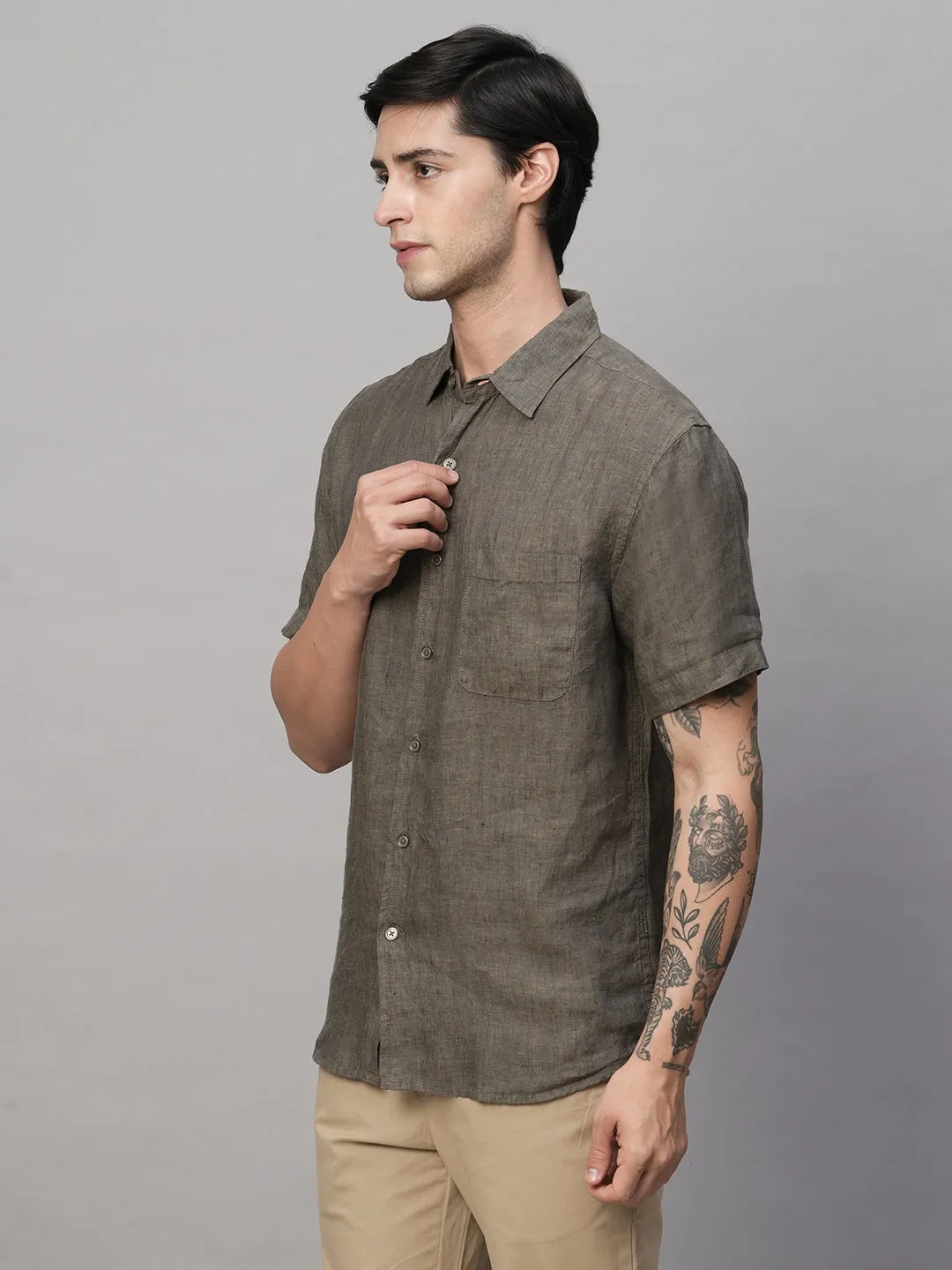 Men's Olive Linen Regular Fit Shirt