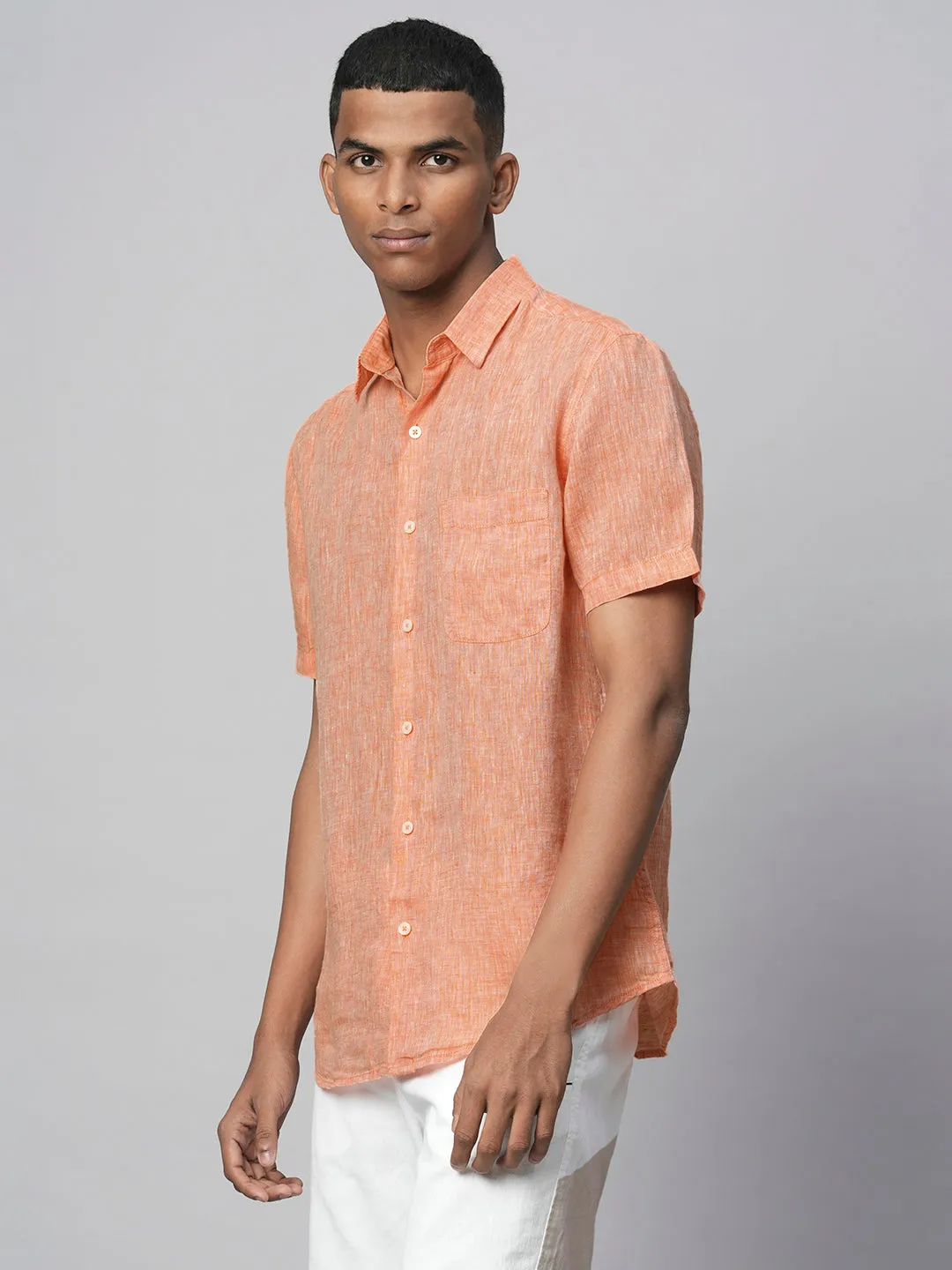 Men's Orange 100% Linen Regular Fit Short Sleeved Shirt