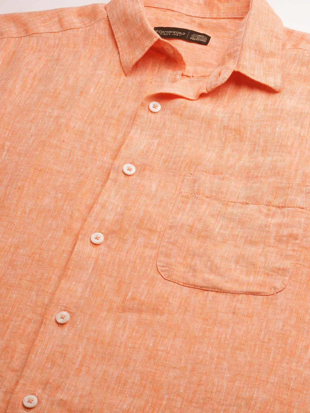 Men's Orange 100% Linen Regular Fit Short Sleeved Shirt