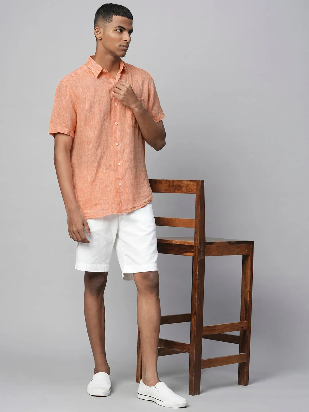 Men's Orange 100% Linen Regular Fit Short Sleeved Shirt