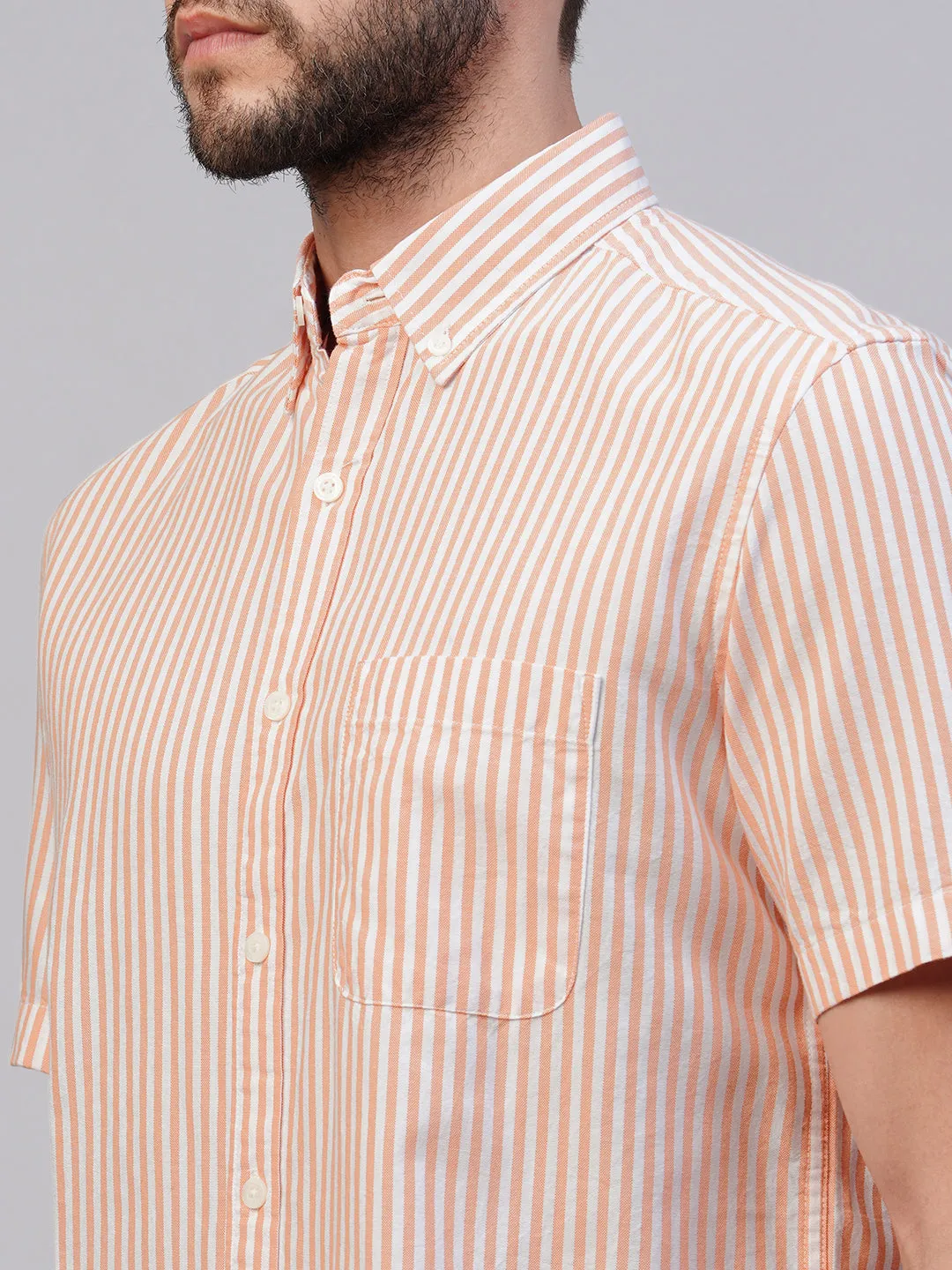 Men's Orange Oxford Cotton Striped Regular Fit Short Sleeved Shirt