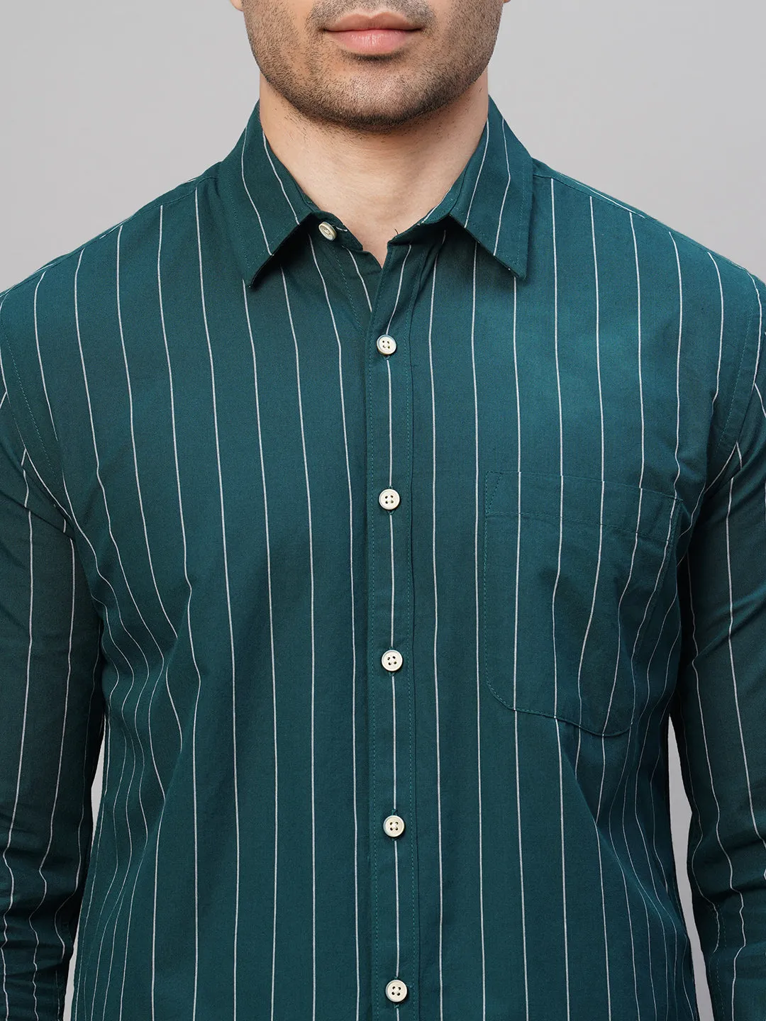 Men's Teal Cotton Regular Fit Striped Shirt