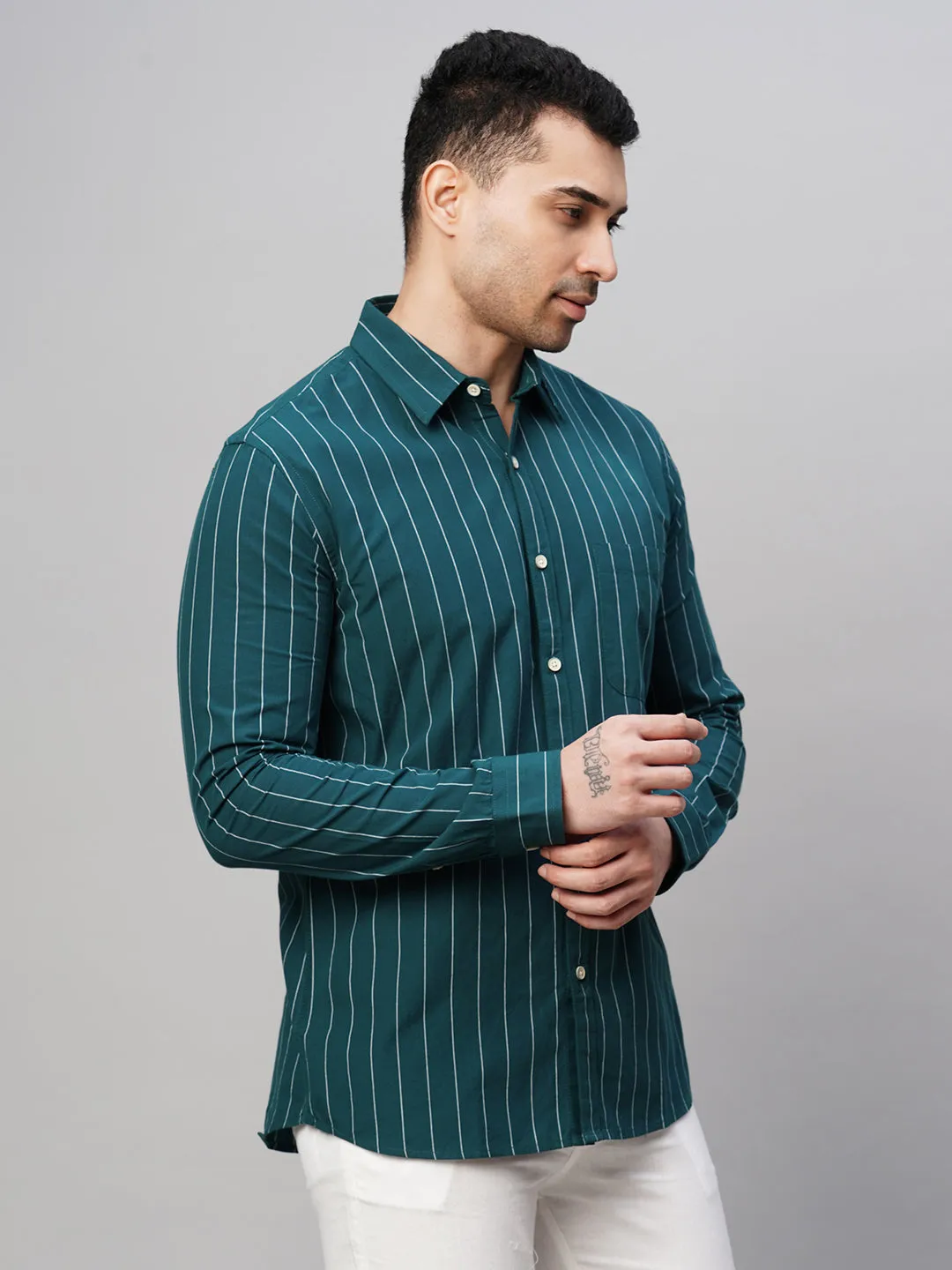 Men's Teal Cotton Regular Fit Striped Shirt