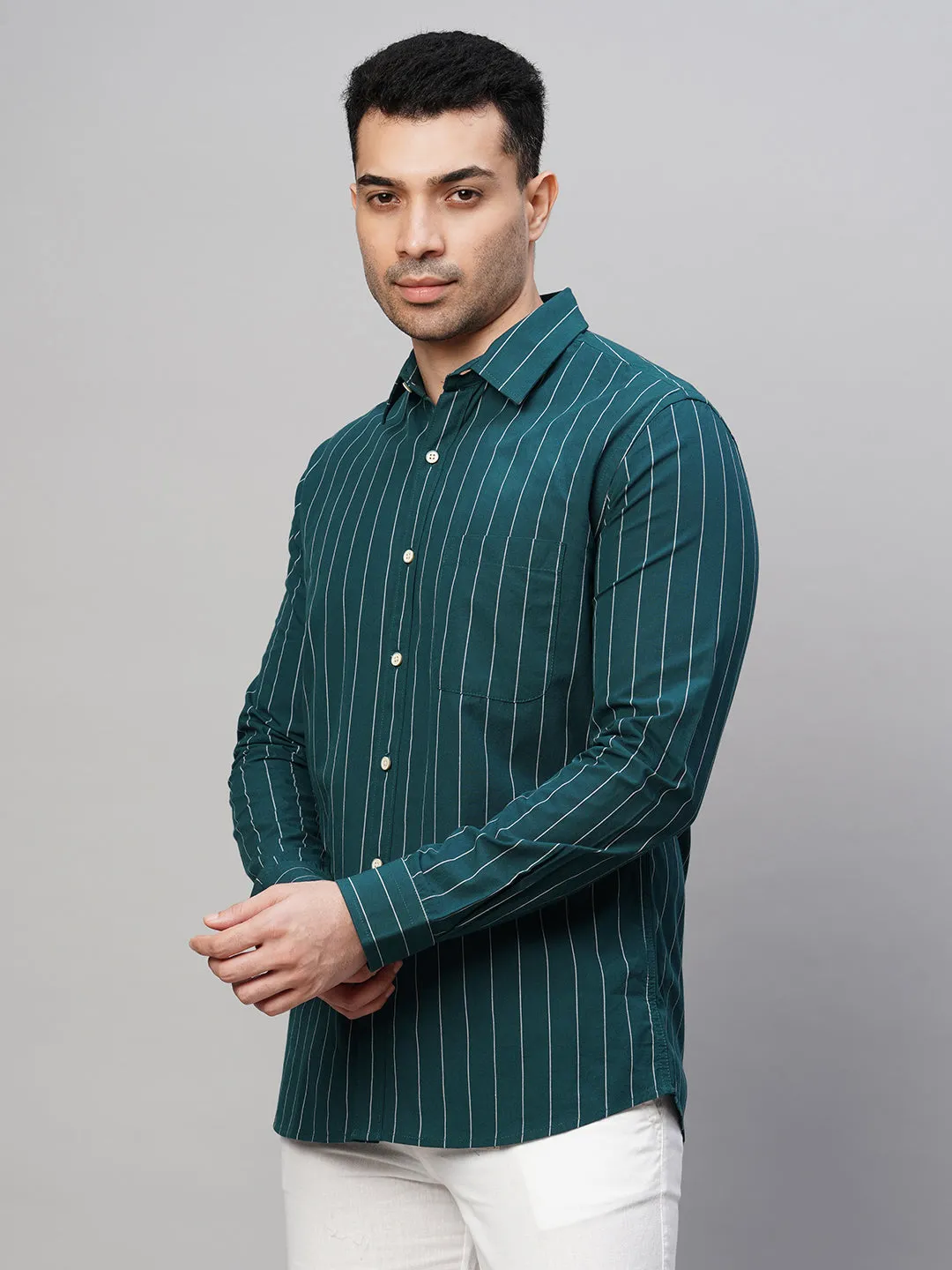 Men's Teal Cotton Regular Fit Striped Shirt