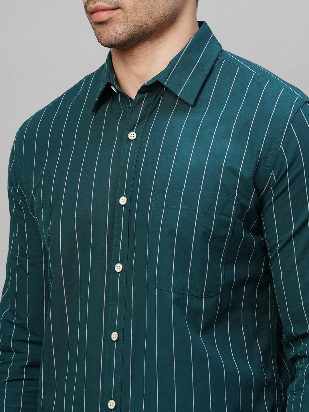 Men's Teal Cotton Regular Fit Striped Shirt