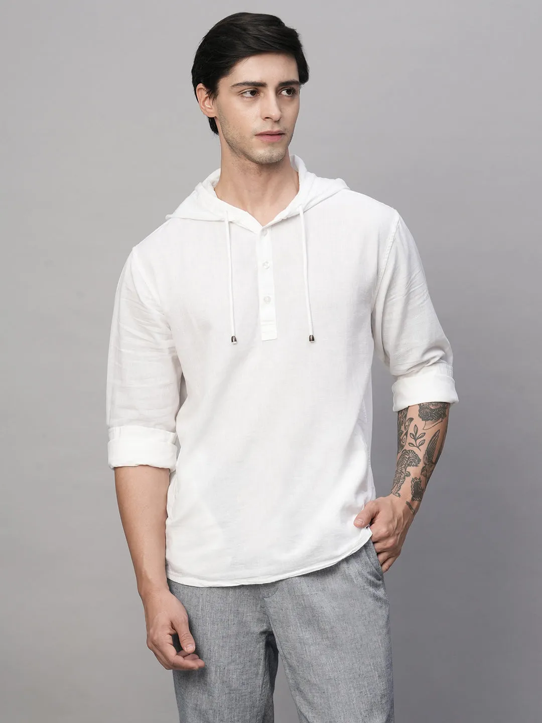 Men's White Cotton Linen Regular Fit Shirt