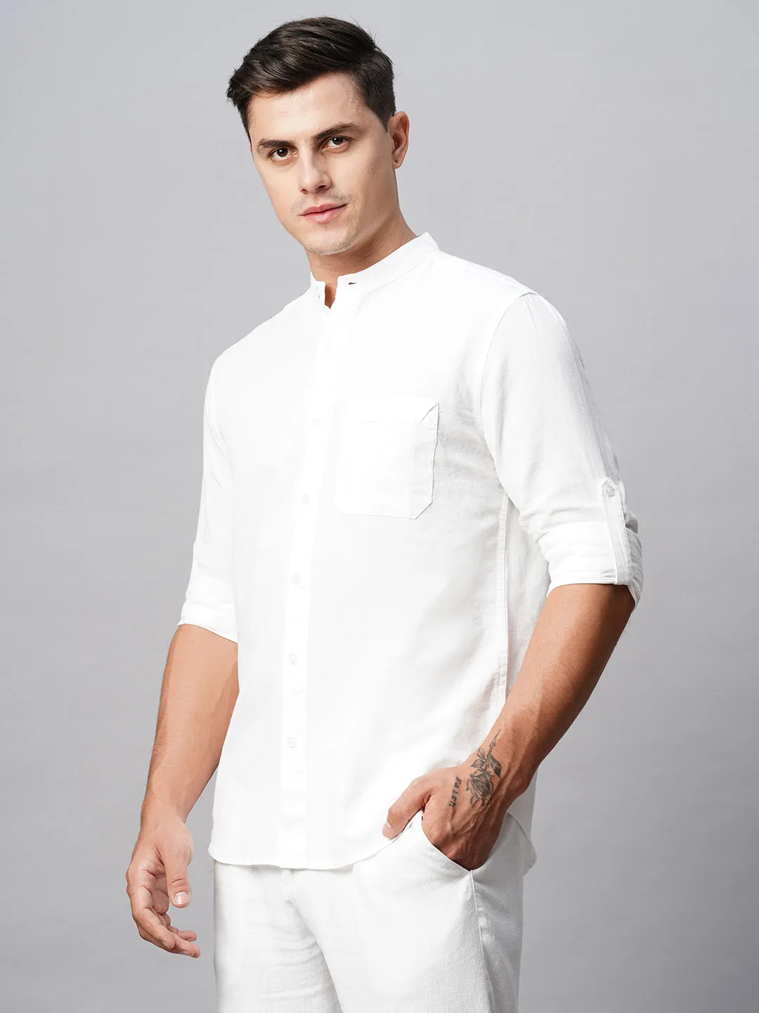 Men's White Cotton Linen Regular Fit Shirt