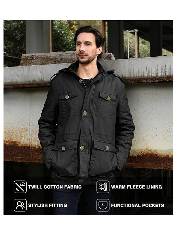 Men's Winter Coat Thicken Military Cotton Jacket Warm Fleece Parka Jacket with Removable Hood