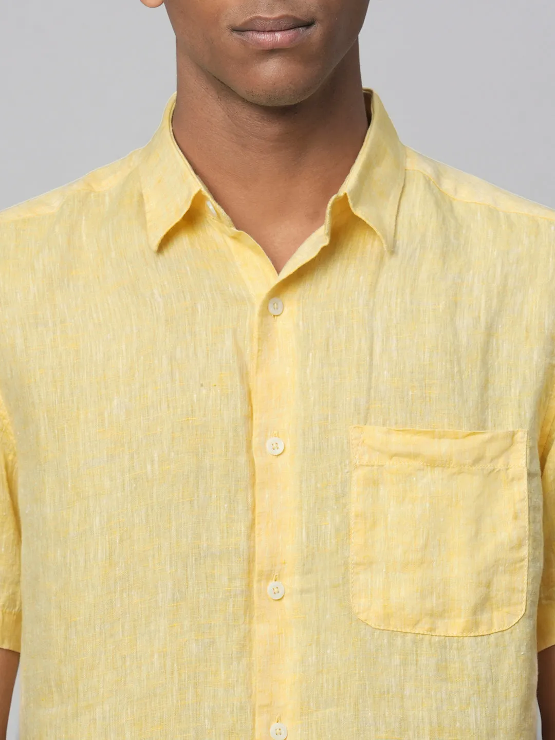 Men's Yellow 100% Linen Regular Fit Short Sleeved Shirt