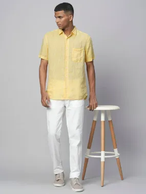 Men's Yellow 100% Linen Regular Fit Short Sleeved Shirt