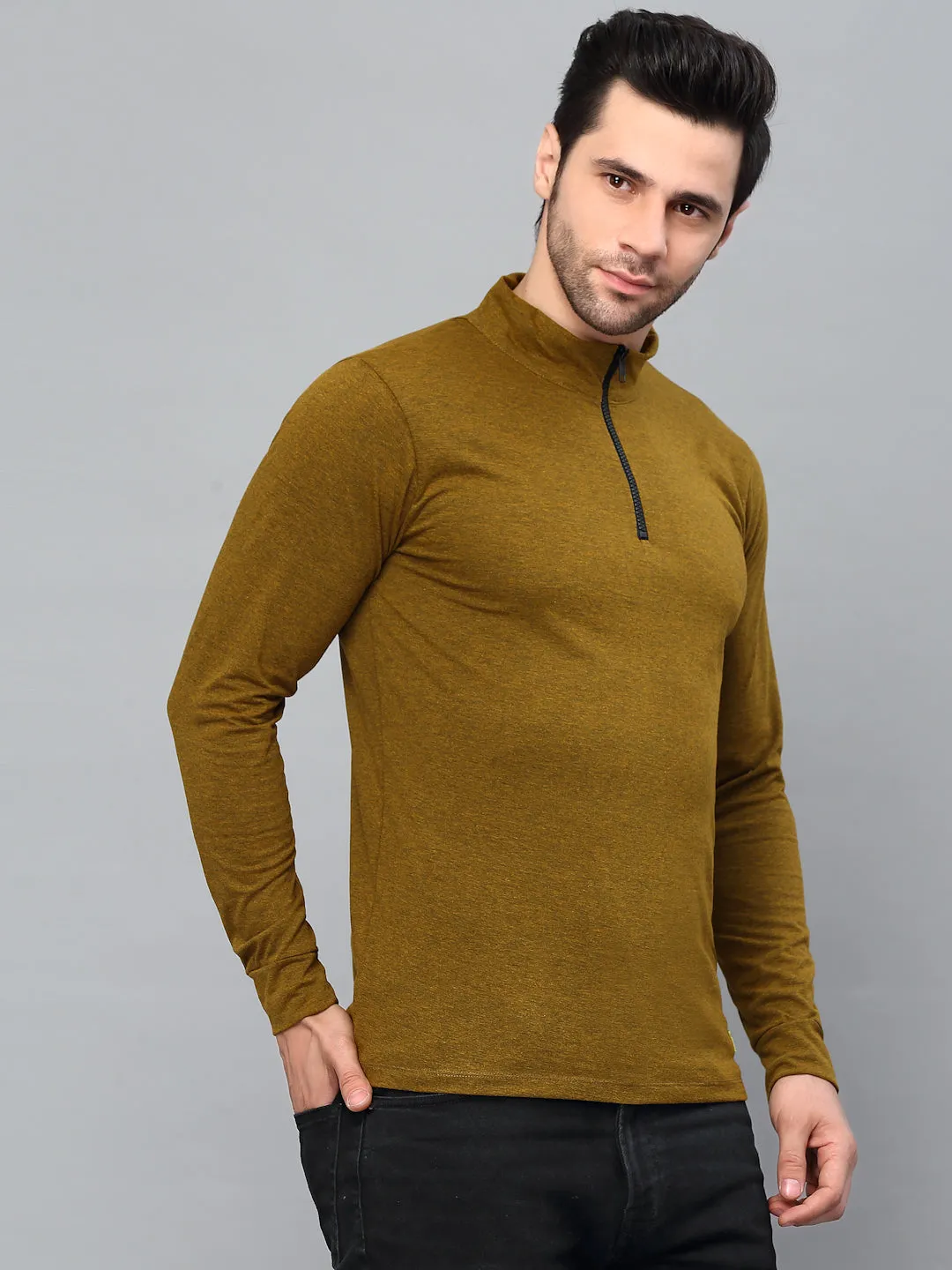 Mustard Black Henley Neck Full Sleeve T-Shirt