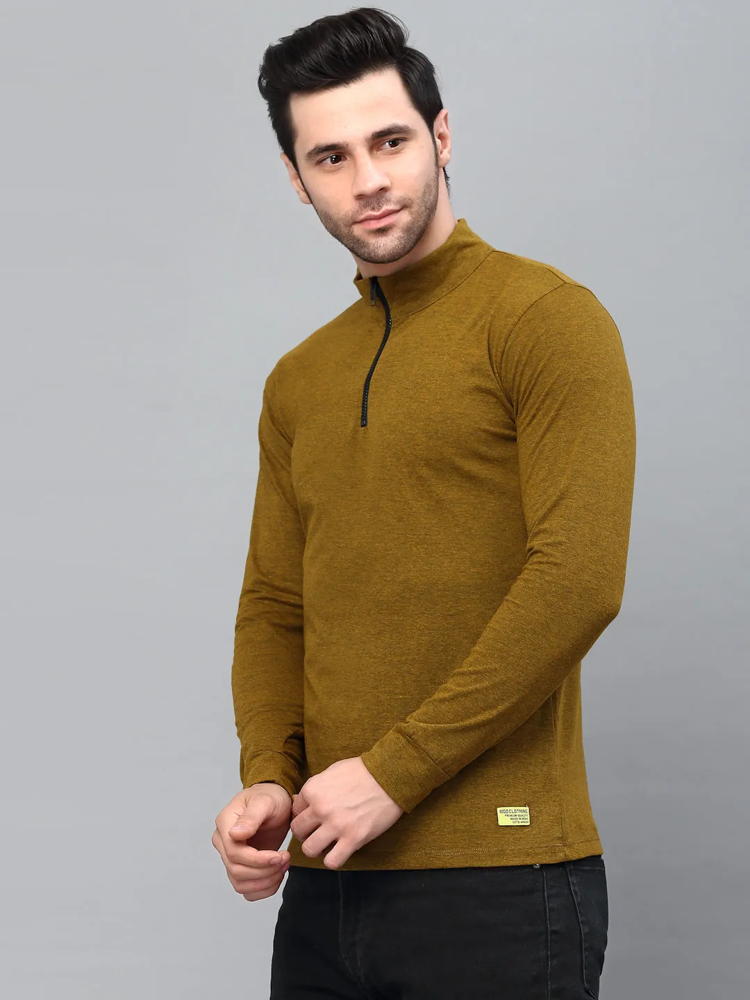 Mustard Black Henley Neck Full Sleeve T-Shirt