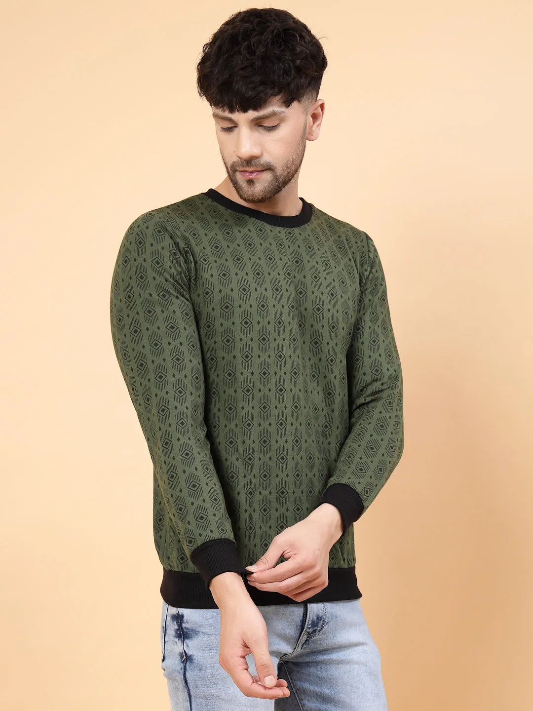 Olive Green All Over Printed Round Neck Fleece Sweatshirt