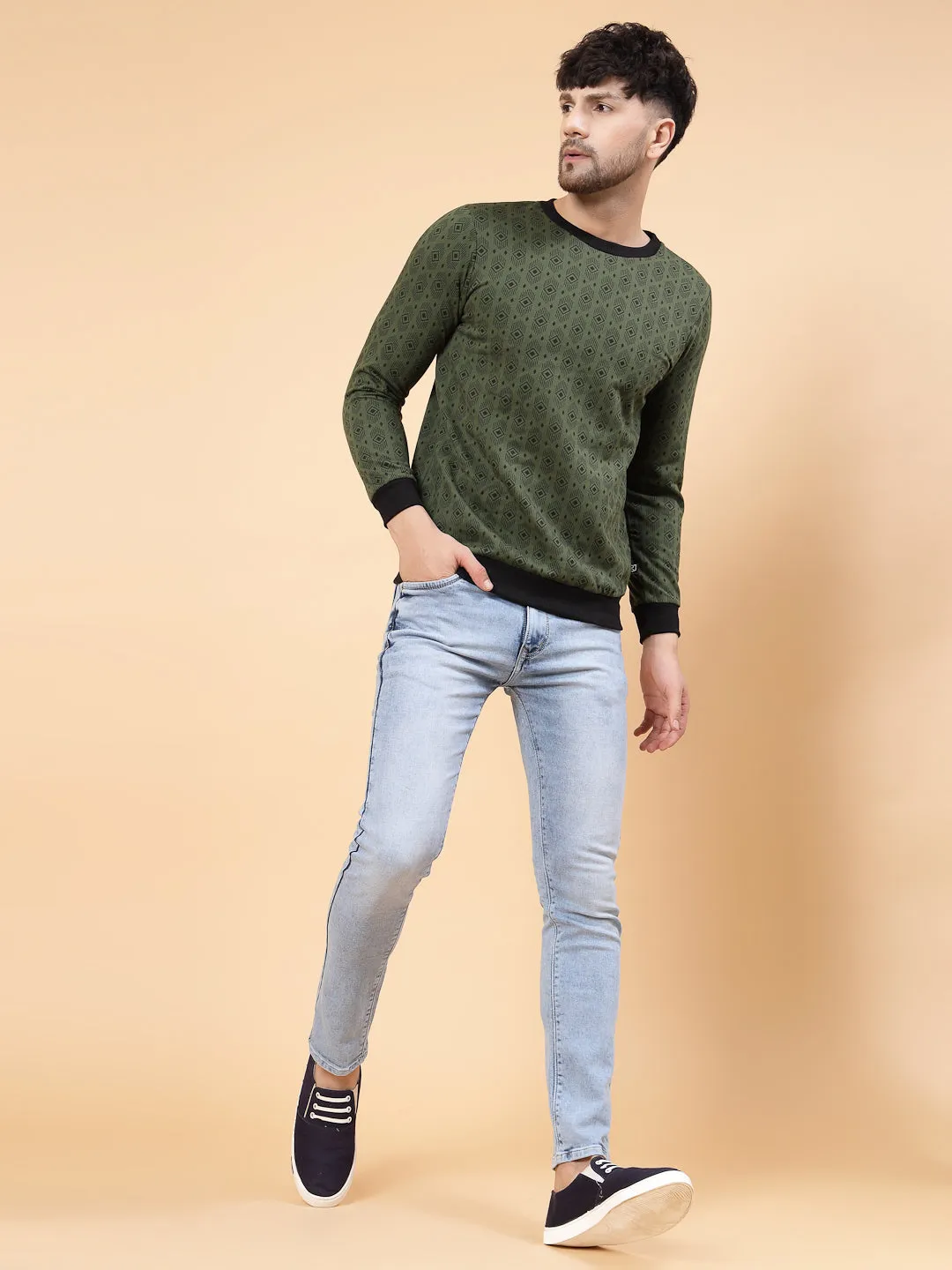 Olive Green All Over Printed Round Neck Fleece Sweatshirt