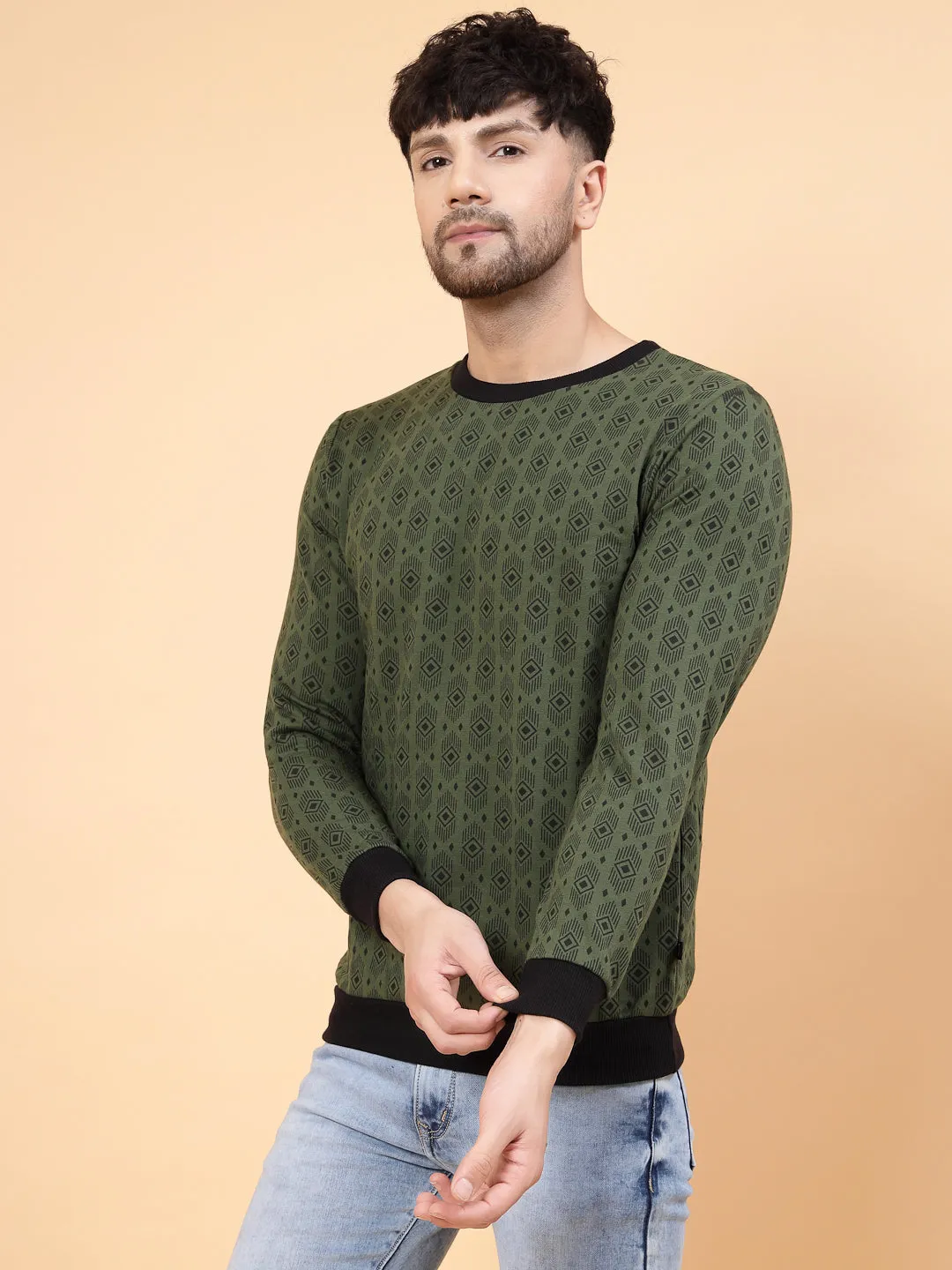 Olive Green All Over Printed Round Neck Fleece Sweatshirt