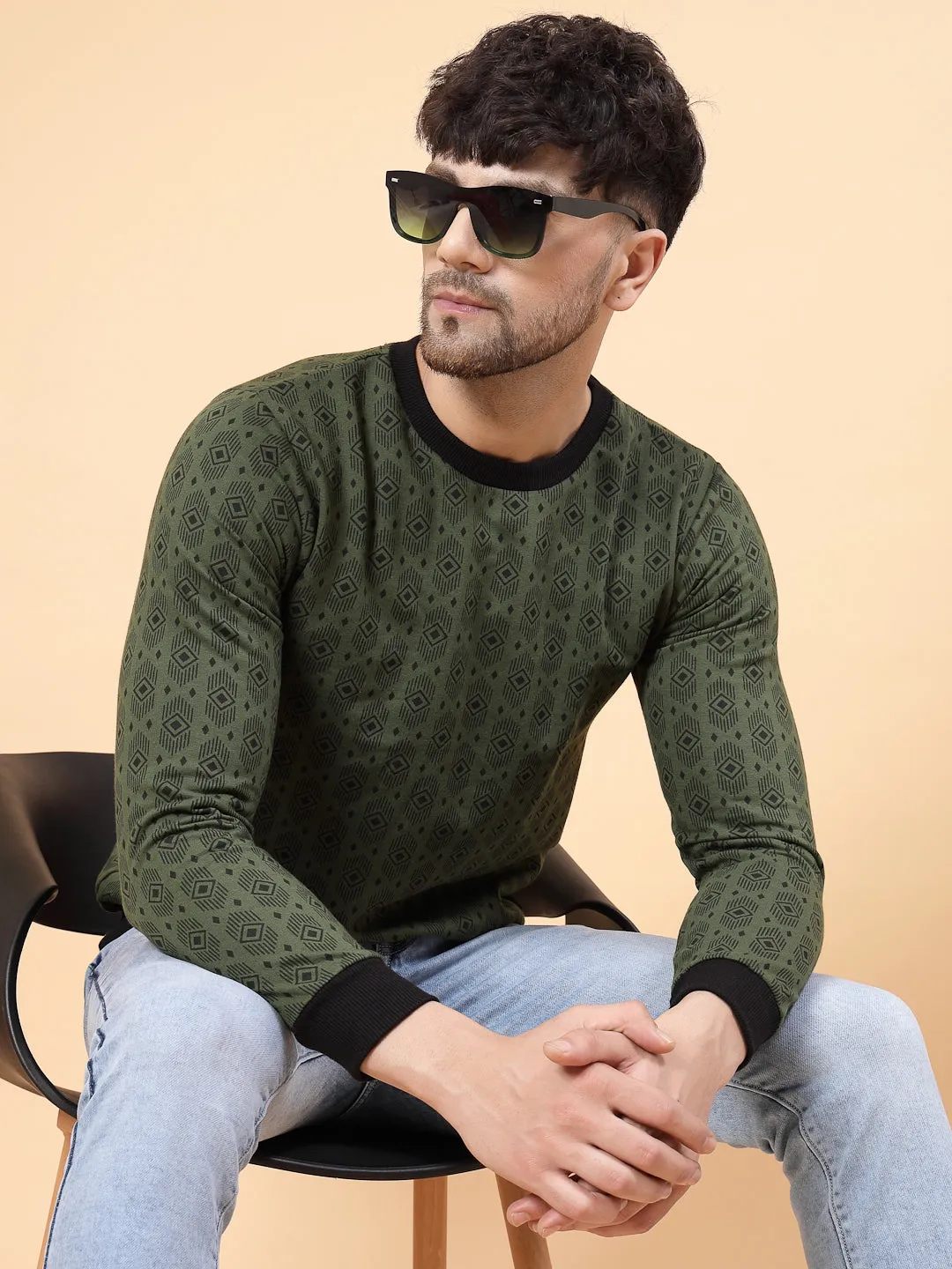 Olive Green All Over Printed Round Neck Fleece Sweatshirt