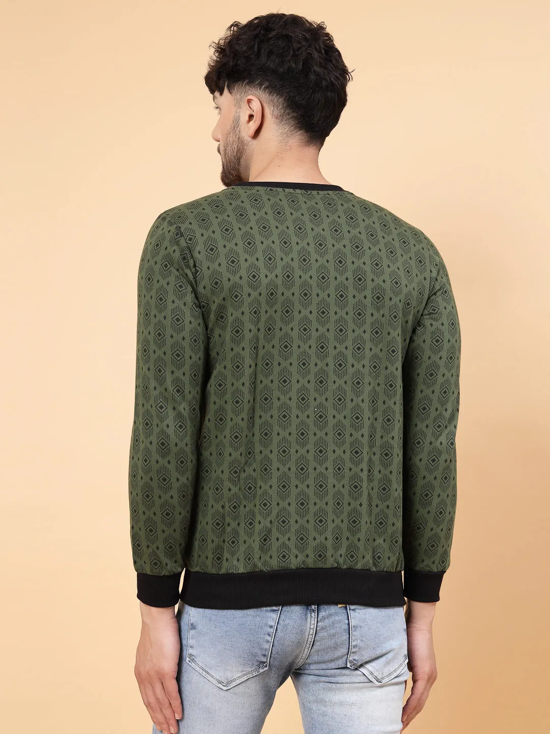 Olive Green All Over Printed Round Neck Fleece Sweatshirt