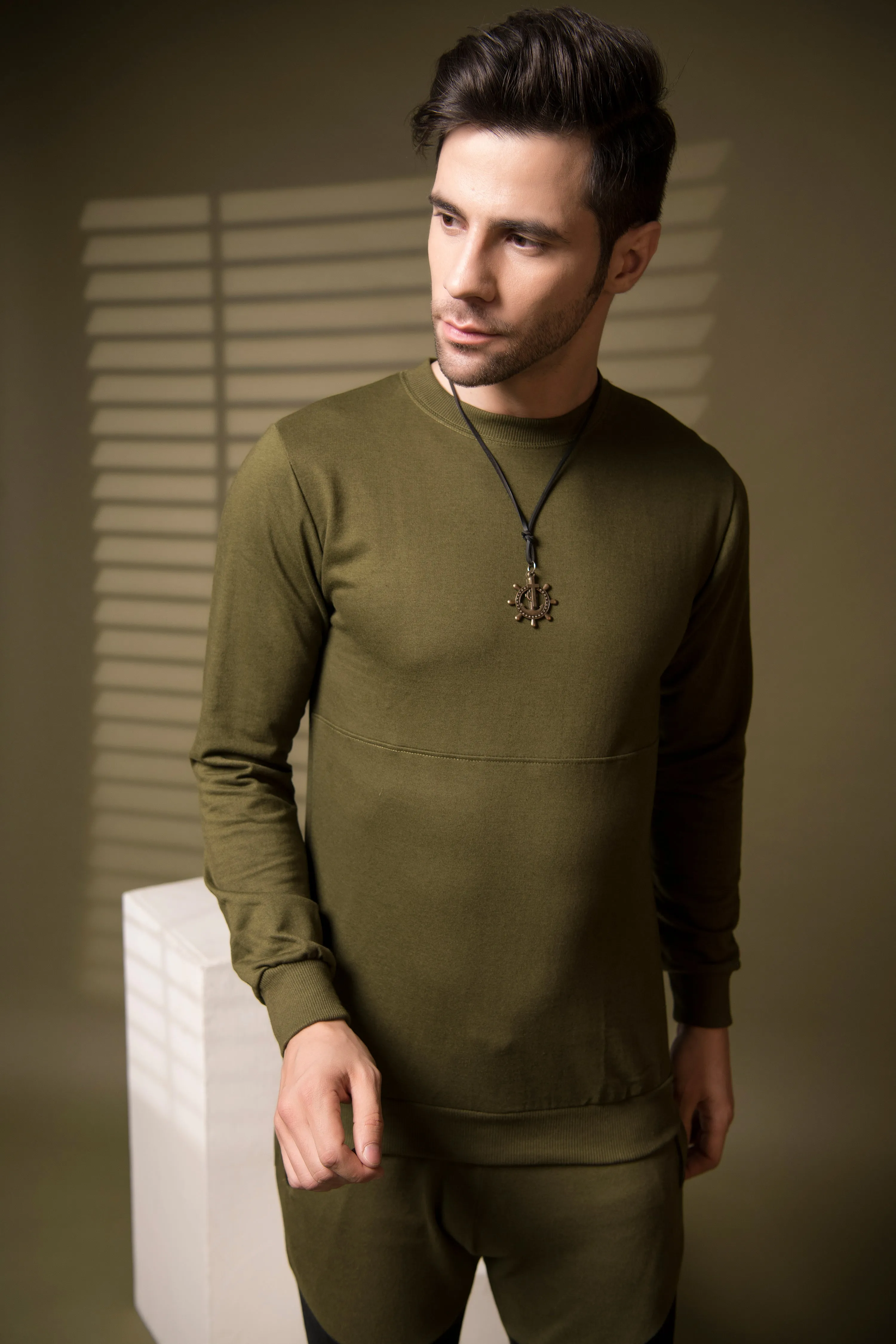 Olive Green Cut & Sew Terry Round Neck Sweatshirt