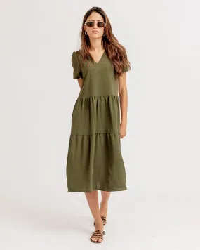 Olive Green Ruffled Midi Dress