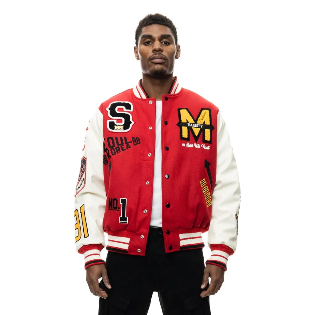 Patchwork Varsity Fashion Wool Jacket - Red