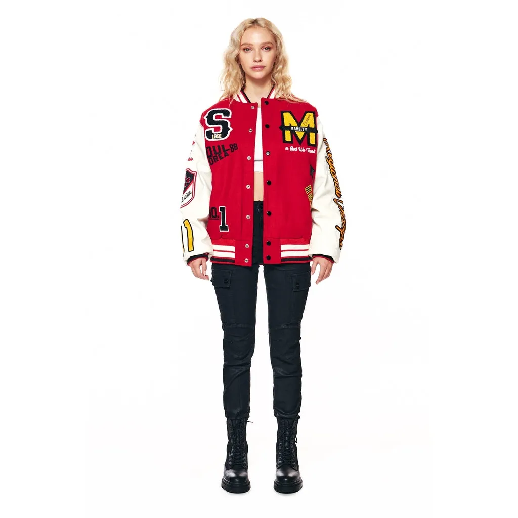 Patchwork Varsity Fashion Wool Jacket - Red