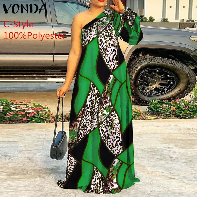 Plus Size Holiday One Shoulder Sundress Women Maxi Dress 2021 VONDA Long Sleeve Floral Printed Pleated Long Dress Casual Vestido