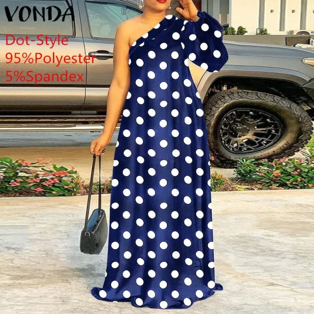 Plus Size Holiday One Shoulder Sundress Women Maxi Dress 2021 VONDA Long Sleeve Floral Printed Pleated Long Dress Casual Vestido