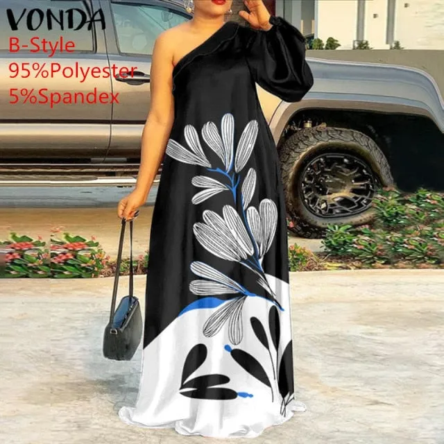 Plus Size Holiday One Shoulder Sundress Women Maxi Dress 2021 VONDA Long Sleeve Floral Printed Pleated Long Dress Casual Vestido